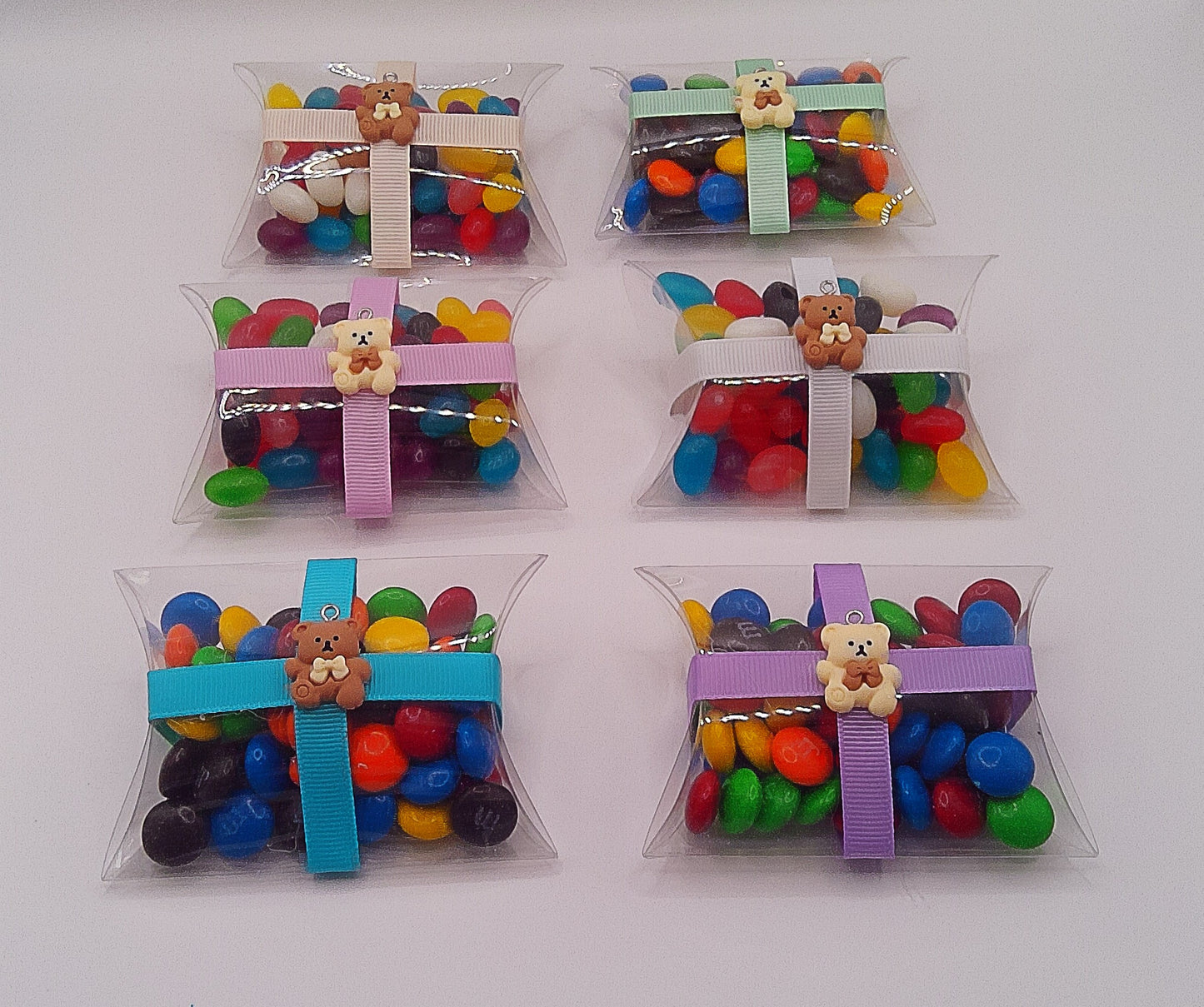 Teddy bear charms cream & brown with clear pillow shaped box filled with lollies
