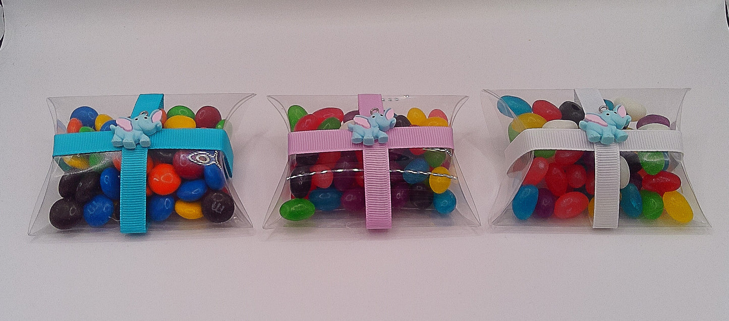 Elephant charm and clear pillow shaped box filled with lollies