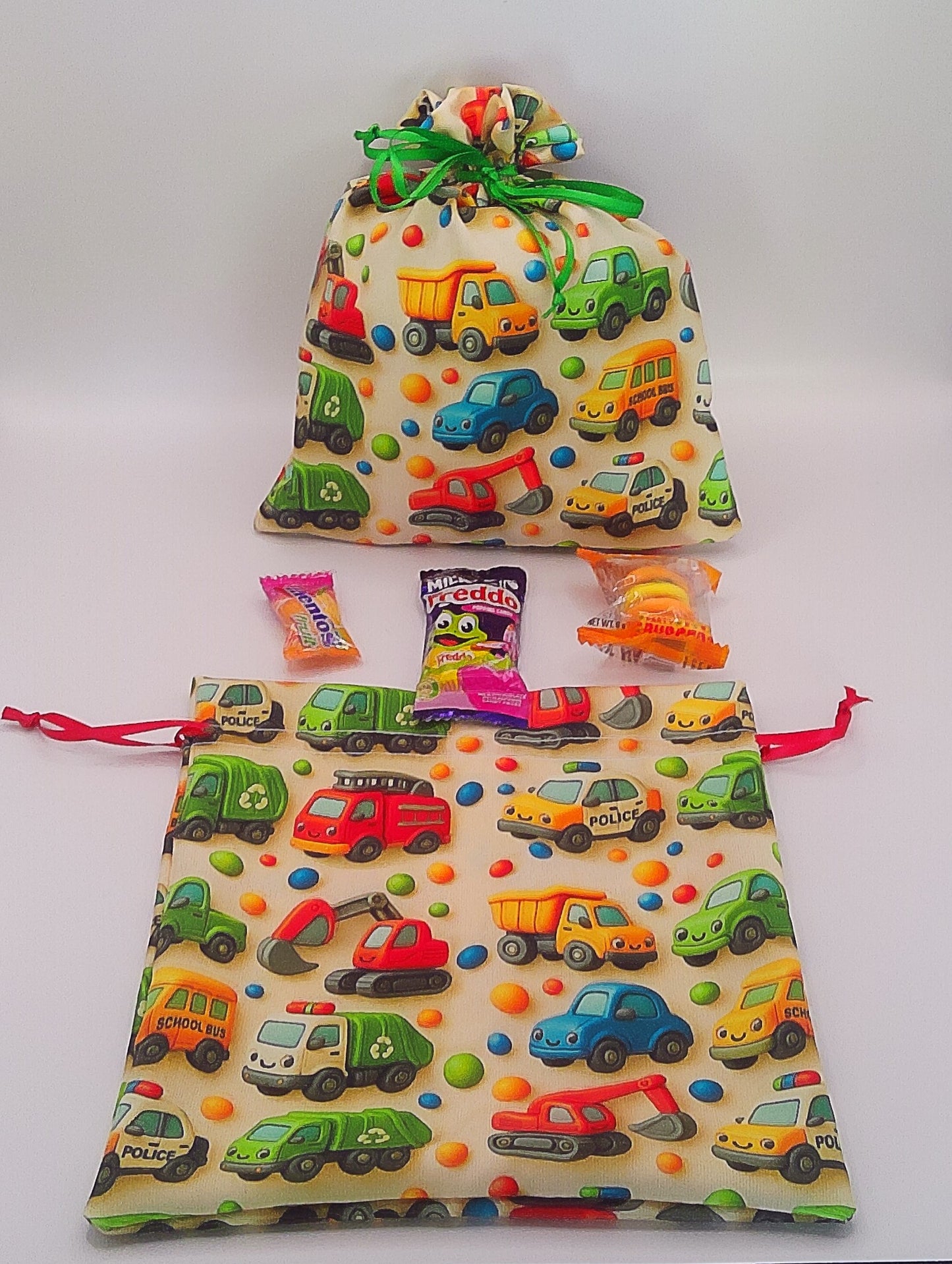 Trucks, Buses & cars Material drawstring party favour bags