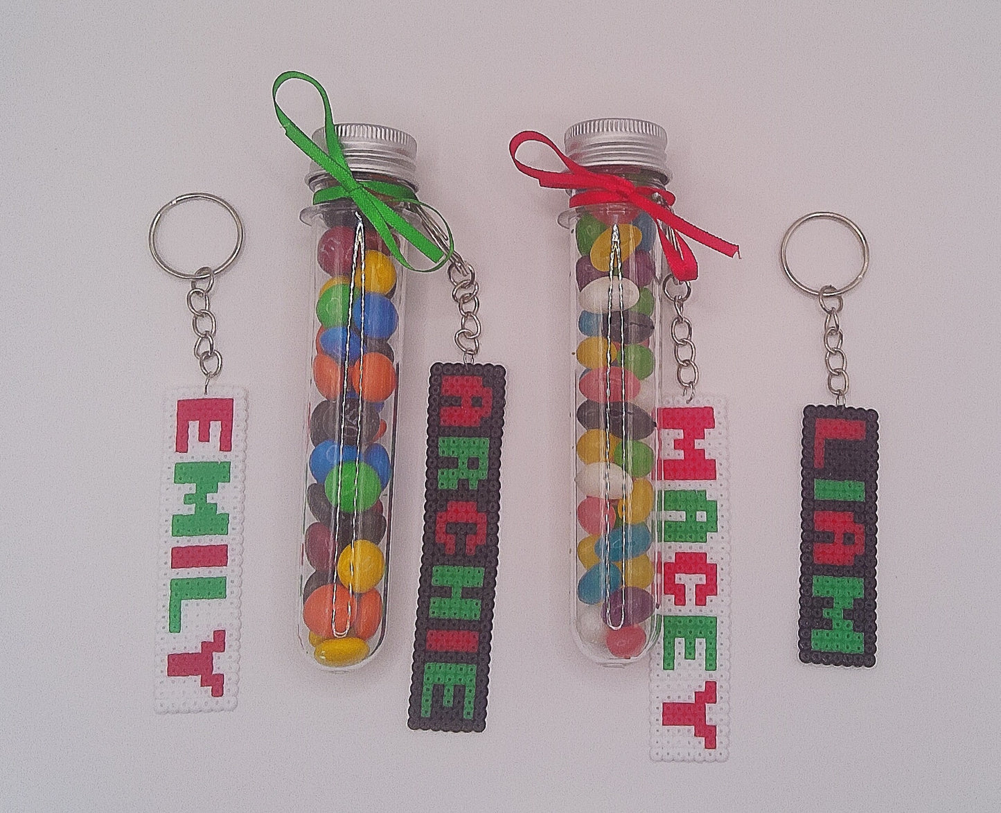 Personalised Christmas Keychains with test tube of lollies