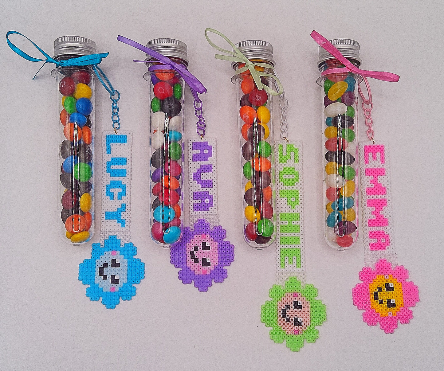 Personalised flower face keychain with tube of lollies