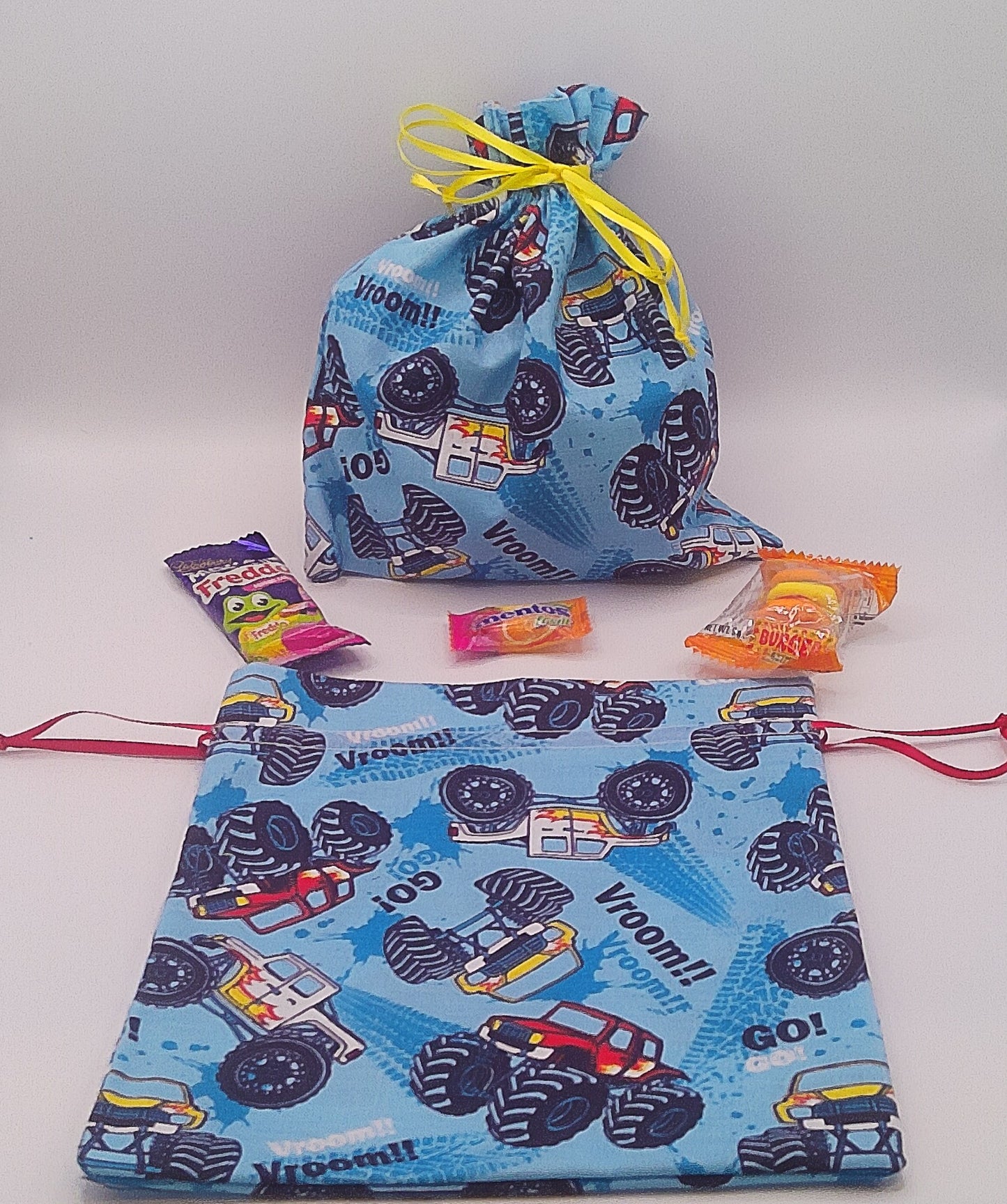 Monster trucks material drawstring party favour bags