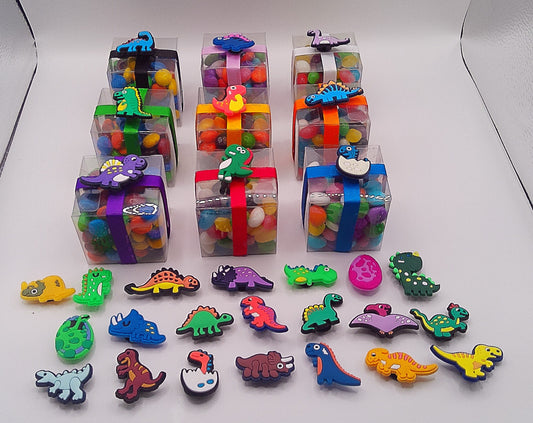 Dinosaur shoe charm with clear box of lollies