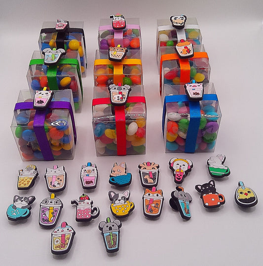 Bubble tea animal shoe charm with clear box of lollies