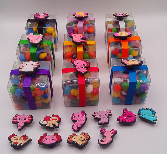 Axolotl shoe charm with clear box of lollies