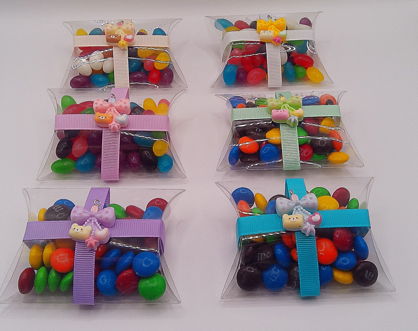 Teddy Bear bow charm with clear pillow shaped box filled with lollies
