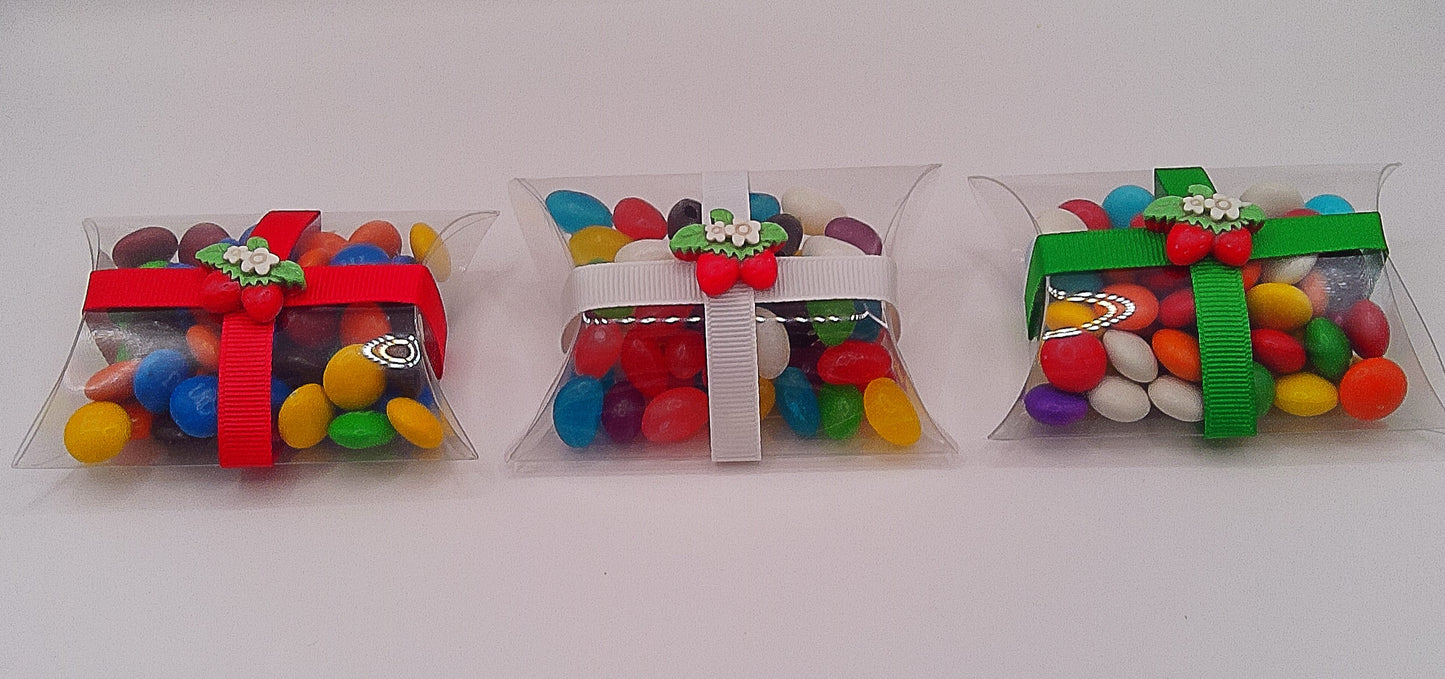 Strawberry charm with clear pillow shaped box filled with lollies