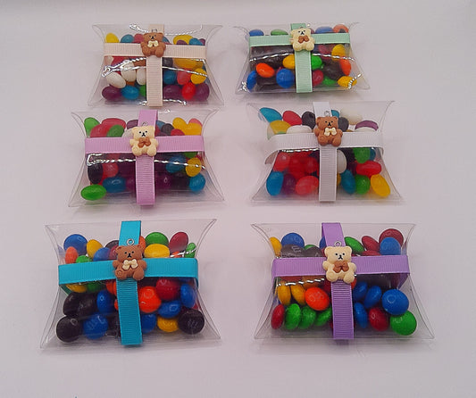 Teddy bear charms cream & brown with clear pillow shaped box filled with lollies