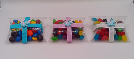 Elephant charm and clear pillow shaped box filled with lollies