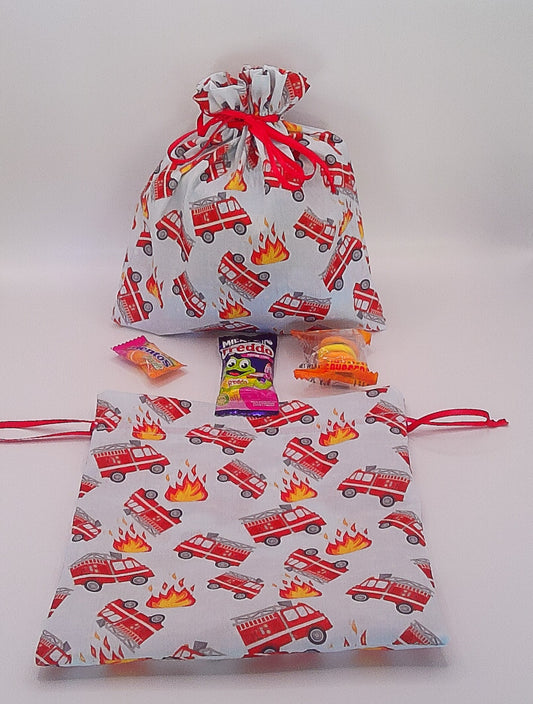 Fire truck material drawstring party favour bags