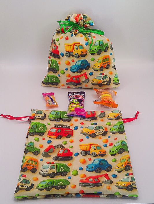 Trucks, Buses & cars Material drawstring party favour bags