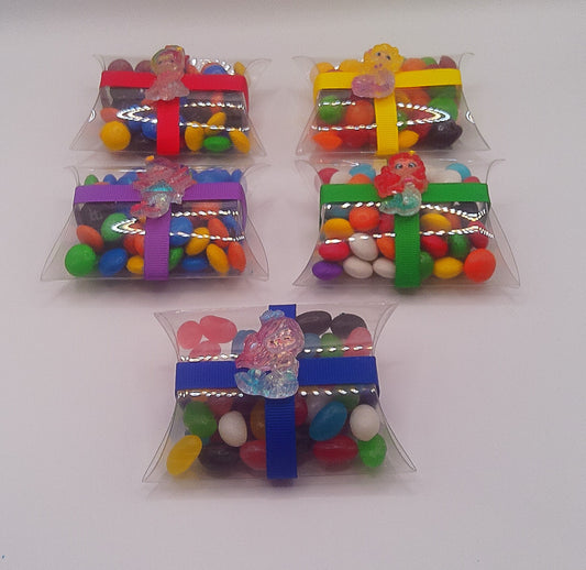 Mermaid charm with clear pillow shaped box filled with lollies