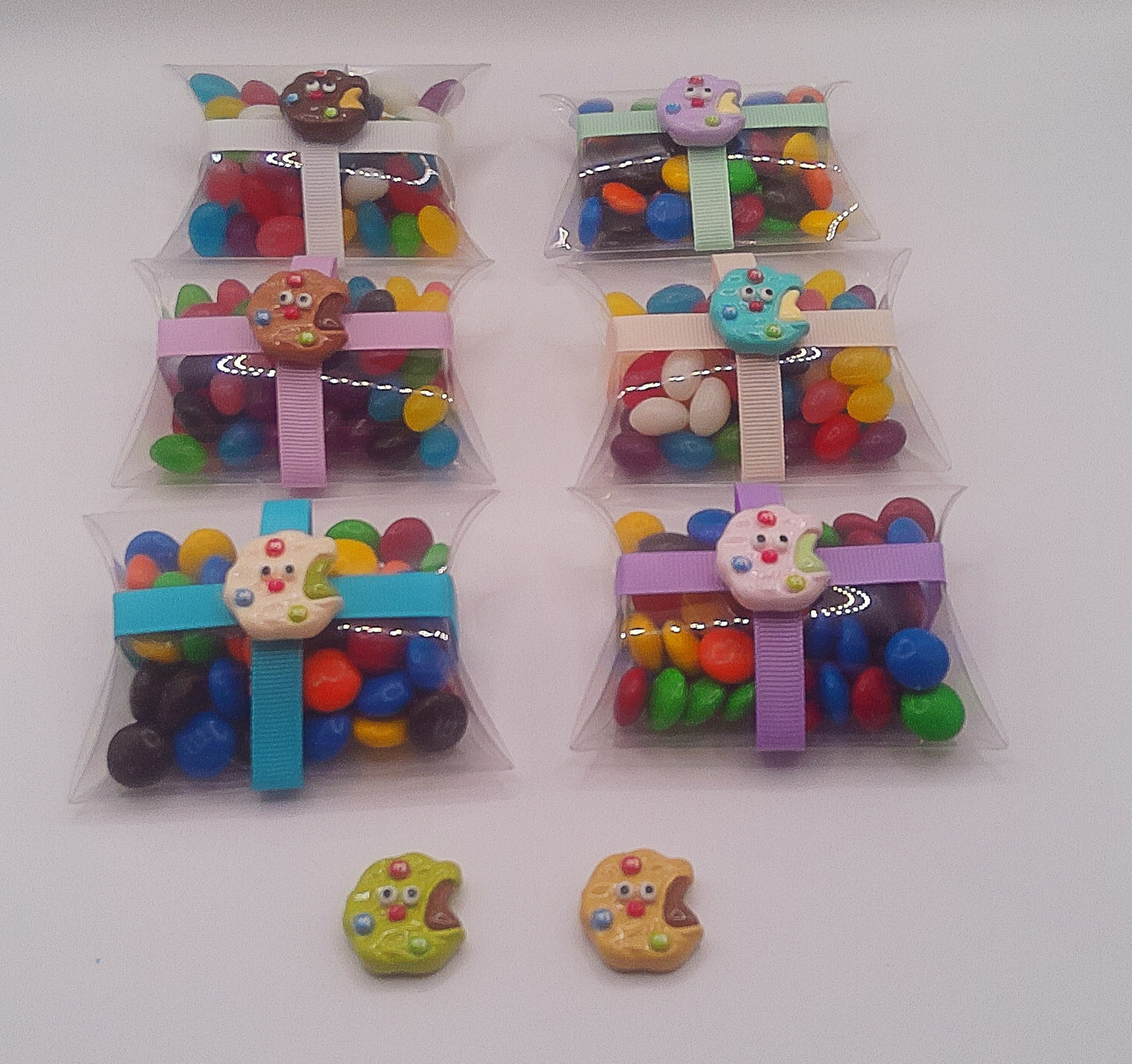 M&M cookie charm with clear pillow shaped box filled with lollies
