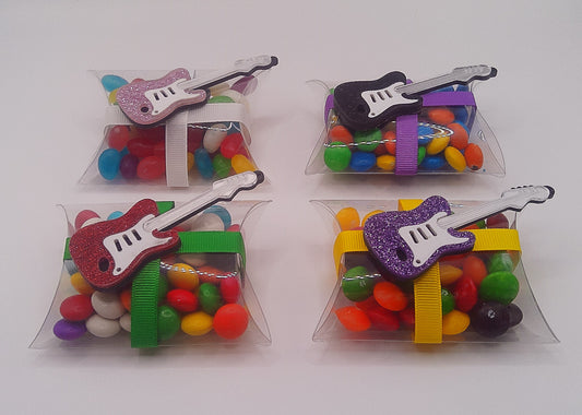 Guitar glitter charm with clear pillow shaped box filled with lollies