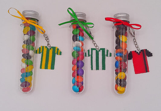 Football/Soccer custom made jersey keychains with tube of lollies
