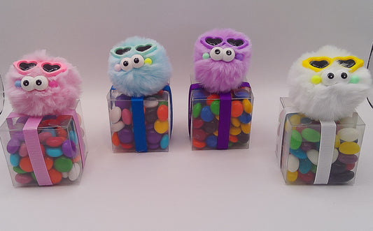 Fluffy creatures with sunglasses shoe charms with clear box of lollies