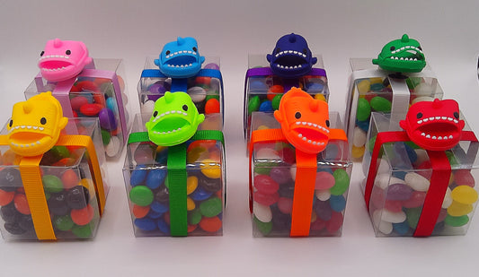 Shark shoe charms with clear box of lollies