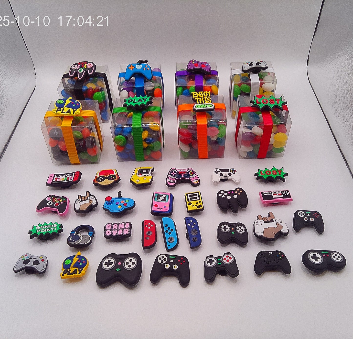 Gamer shoe charms with clear box of lollies