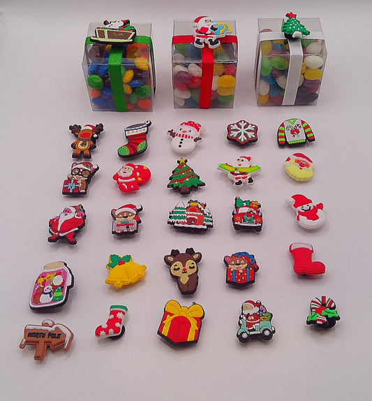 Christmas shoe charms with clear box of lollies