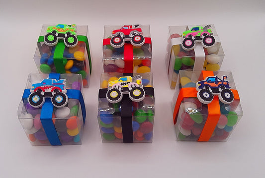 Monster truck shoe charms with clear box of lollies