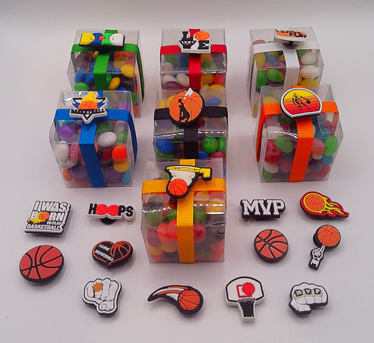 Basketball shoe charms with clear box of lollies