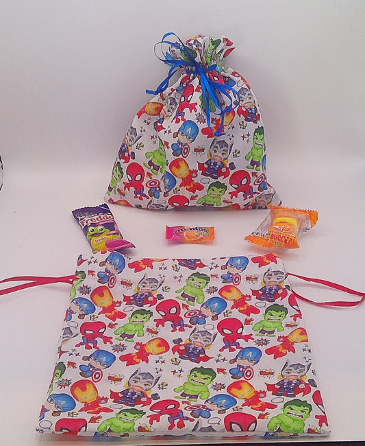Superhero material drawstring party favour bags