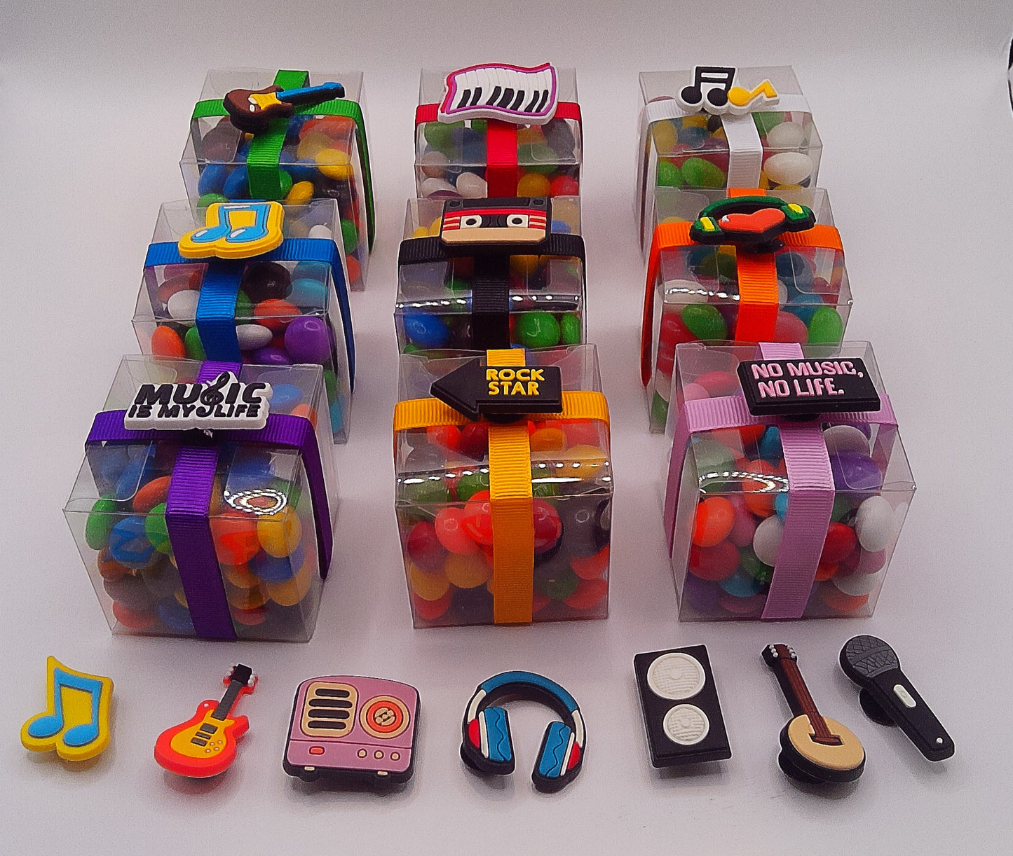 Music themed shoe charms with clear box of lollies