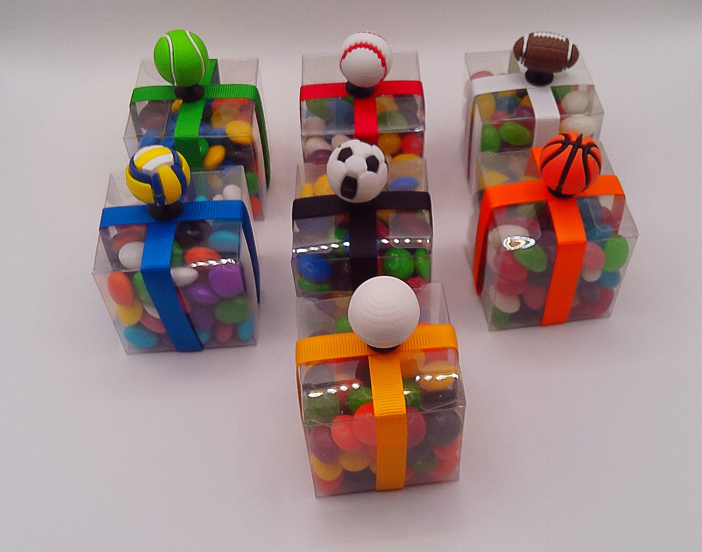 Sports ball shoe charms with clear box of lollies