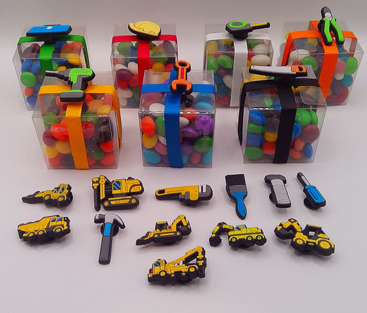 Construction shoe charms with clear box of lollies