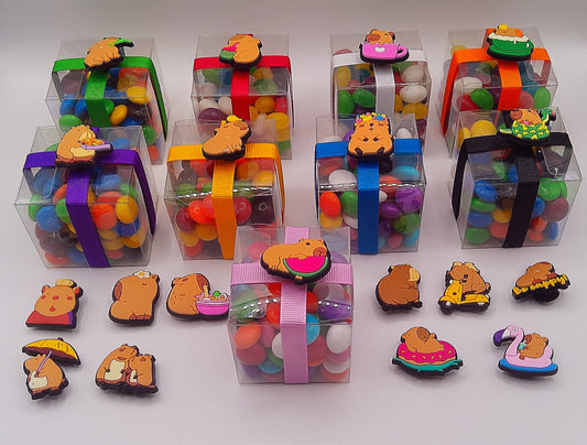 Capybara shoe charms with clear box of lollies