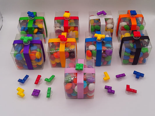 Building block shoe charms with clear box of lollies