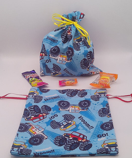 Monster trucks material drawstring party favour bags