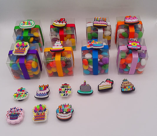 Birthday shoe charms with clear box of lollies