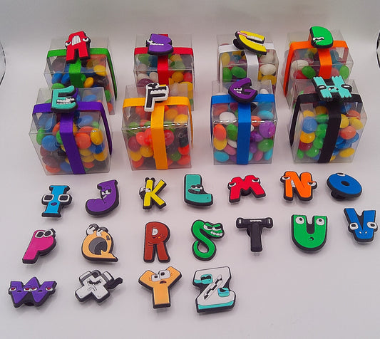 Alphabet funny face shoe charms with clear box of lollies