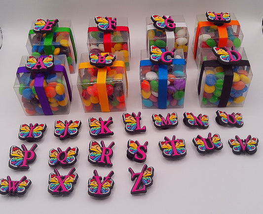 Alphabet Butterfly shoe charms with clear box of lollies