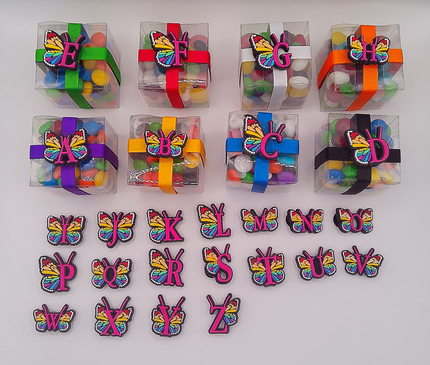Alphabet Butterfly shoe charms with clear box of lollies